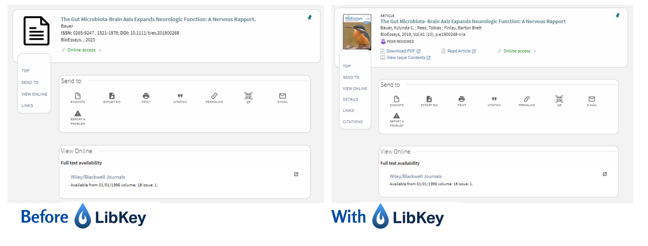 Two different browser screen shots displaying the visual difference before and after Libkey. Including more information about the creator of the item.